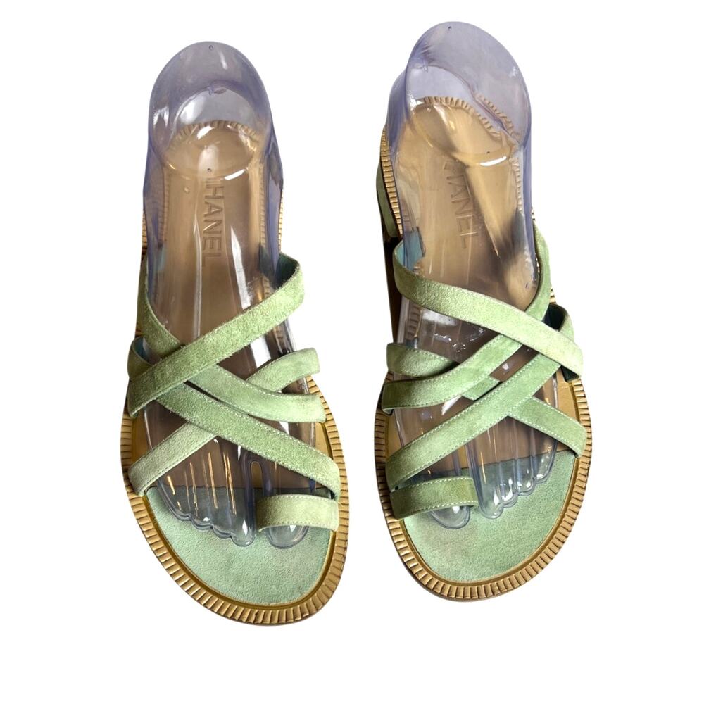 Chanel 18C Paris Greece CC Suede Slide Mule Sandals Seafoam 38.5 Rare - Picture 8 of 9